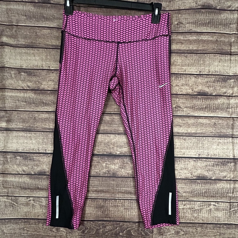 Nike Dri-Fit Cropped Leggings Women Size L  Pink & Black Graphic Pocket